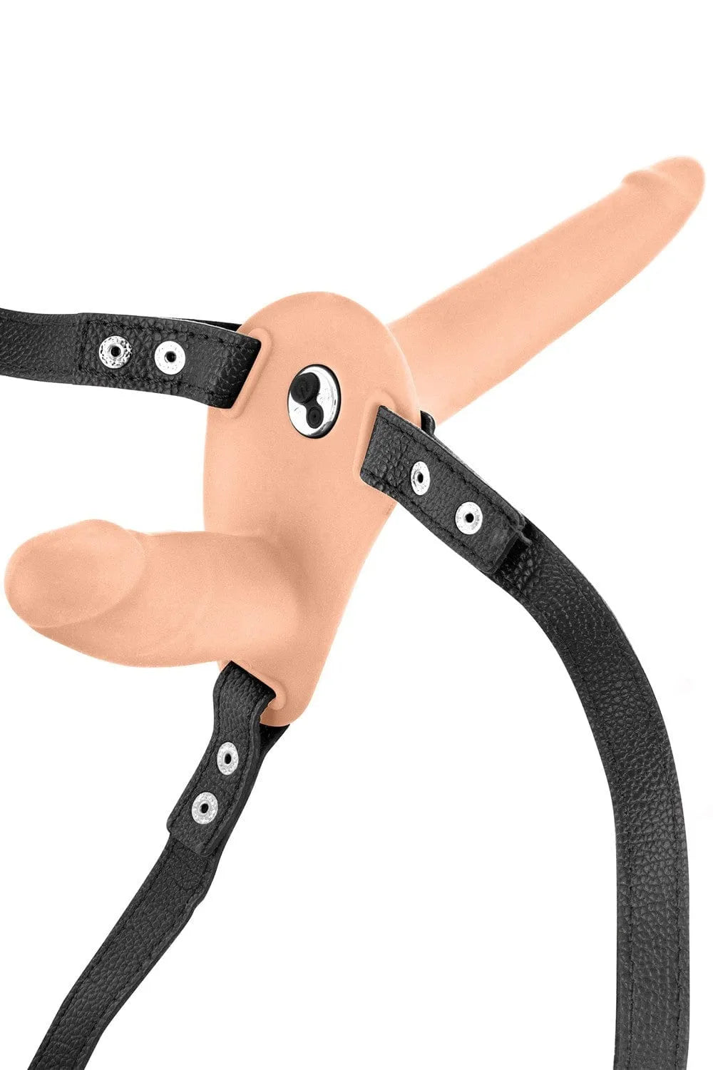 Double gode ceinture vibrant chair, harnais simili cuir noir, stimulation interne/externe, silicone, rechargeable USB.