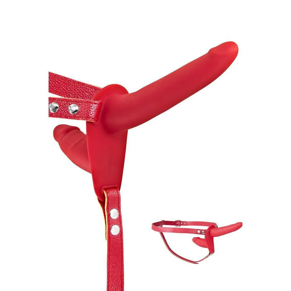 double gode ceinture rouge harnais ajustable similicuir silicone polyuréthane sans phtalates réaliste pénétrant principal interne stimulant porteur confortable ergonomique sécurisé
