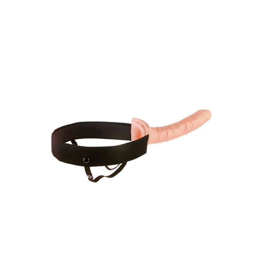Gode ceinture creux rose 10 pouces avec harnais élastique noir ajustable, sans phtalates, pour expériences intimes sûres.