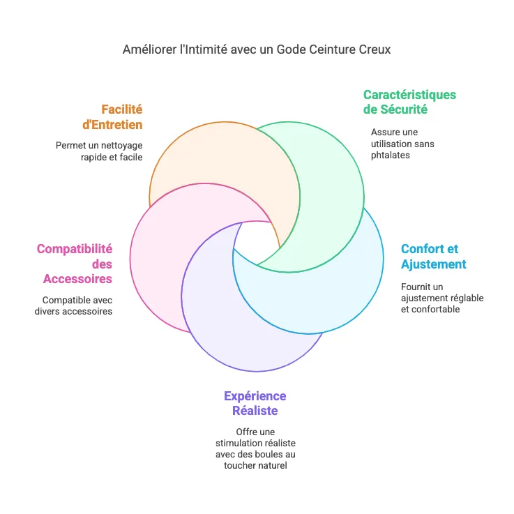 Diagramme coloré des avantages du gode ceinture creux sans phtalates, incluant confort, sécurité et réalisme.