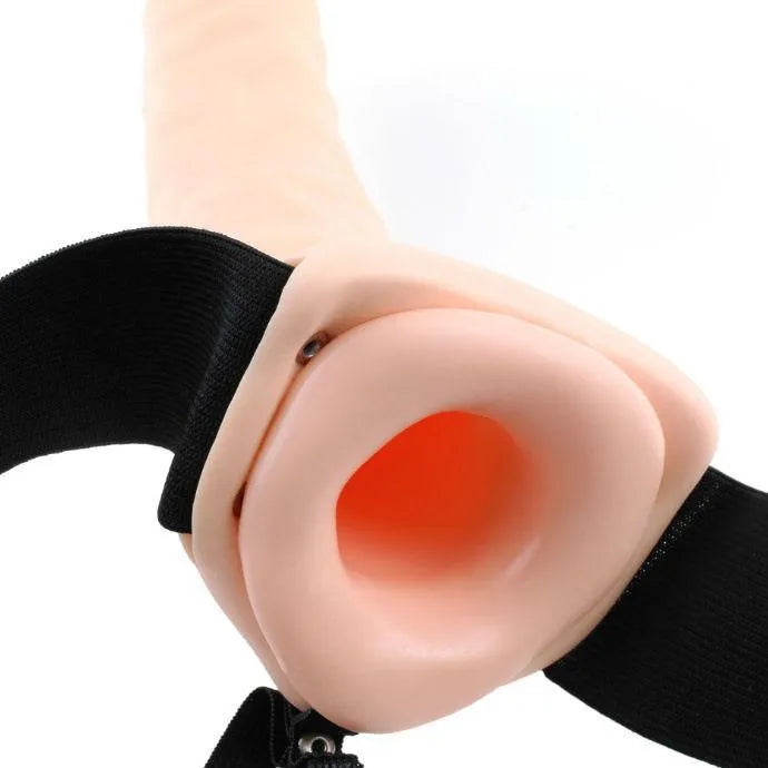 Gode ceinture creux vibrant réaliste beige avec harnais noir ajustable, longueur insérable 19 cm, sans phtalates.