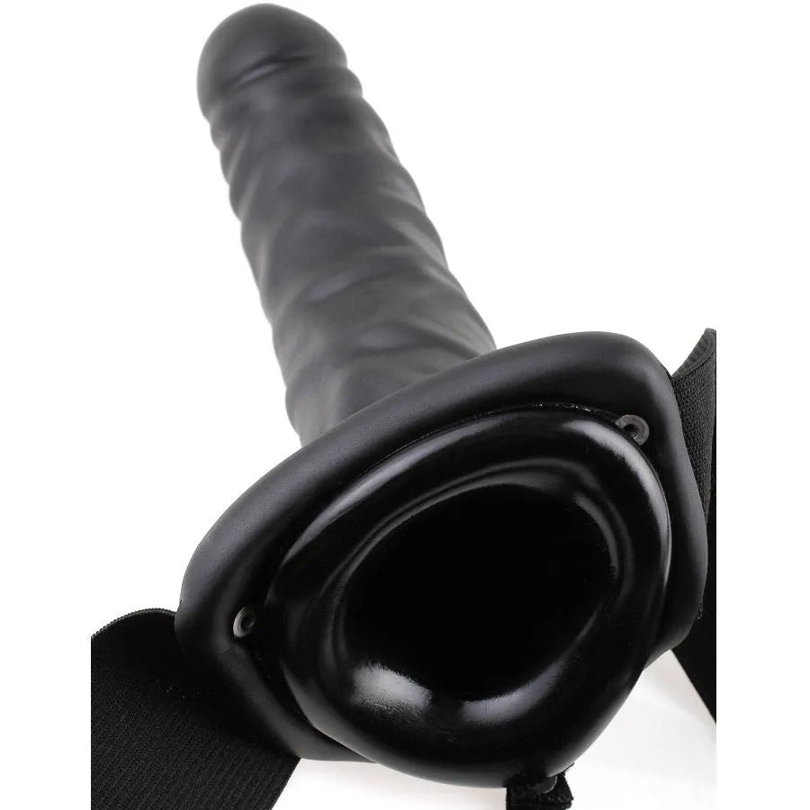 Gode ceinture creux vibrant noir 8 pouces, harnais ajustable, texture réaliste, stimulation sécurisée sans phtalates.