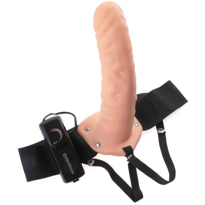 Gode ceinture vibrant réaliste beige, harnais noir ajustable, télécommande, longueur insérable 19 cm, sans phtalates.