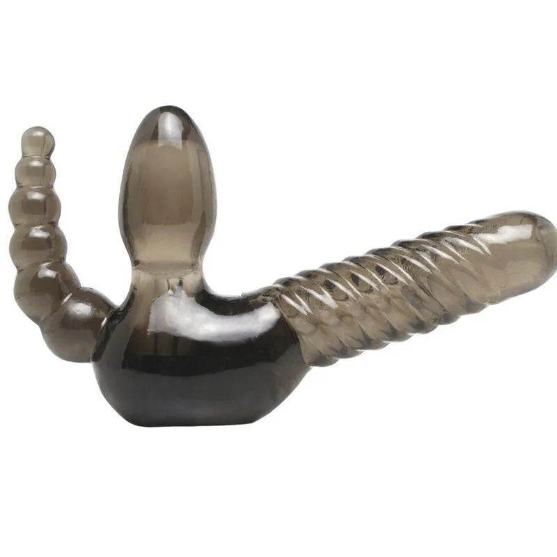gode ceinture sans bretelles stimulateur anal double stimulation mains libres ergonomique tige nervurée spirale perles anales bulbeux point G