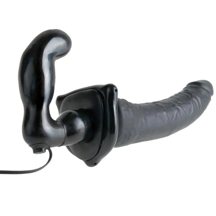 Gode-ceinture vibrant noir courbé ergonomique en silicone, stimulation point G, ceinture réglable et extensible.