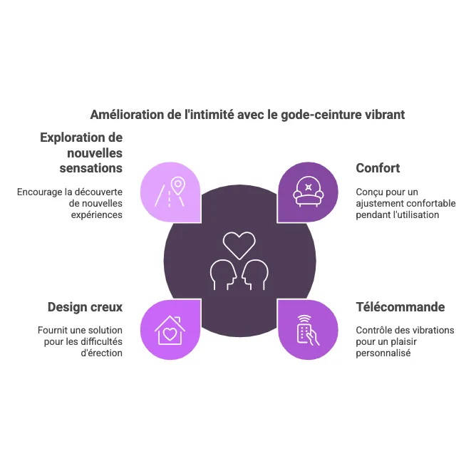 Gode-ceinture vibrant violet avec harnais ajustable, télécommande filaire, design creux, pour couples femmes.