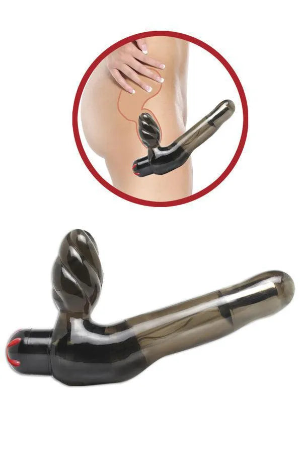 Gode ceinture vibrant noir sans bretelles, double courbé, plug bulbeux nervuré, stimulation mains libres pour couple.