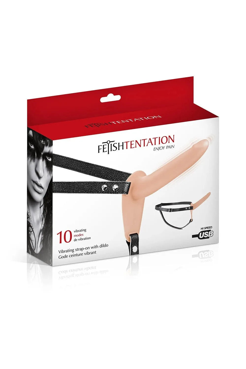 Gode ceinture vibrant beige avec ceinture noire réglable, 10 vitesses, USB, en boîte rouge et blanche.