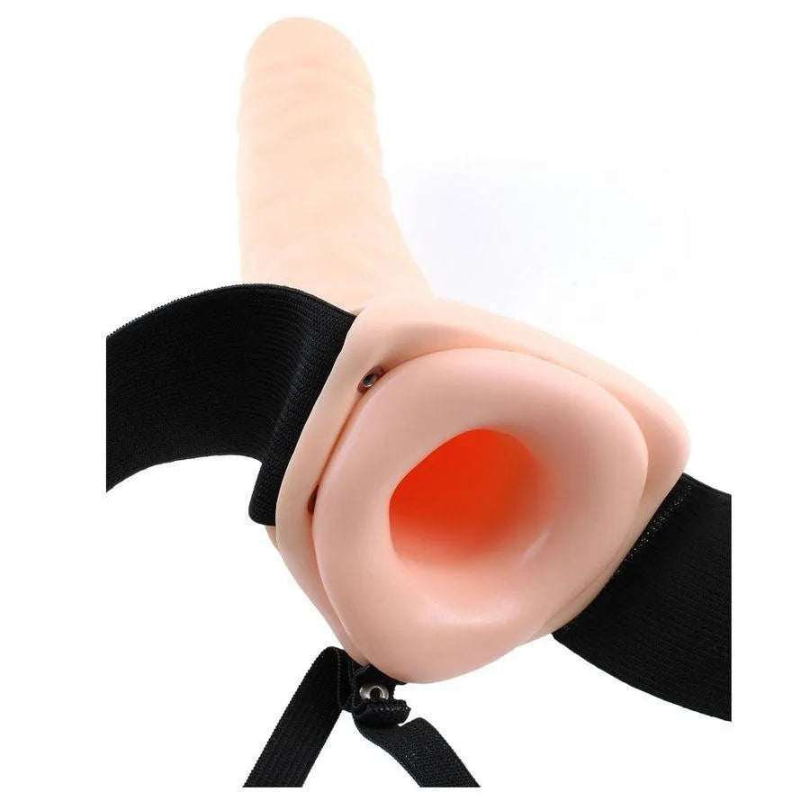 Gode creux strap-on 8 pouces silicone beige, harnais noir réglable, stimulation intense, polyvalent et confortable.
