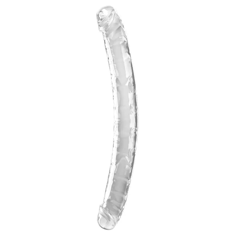 Gode double pénétration translucide, texturé, veiné, flexible, 46 cm, TPE réaliste, tête définie, polyvalent.