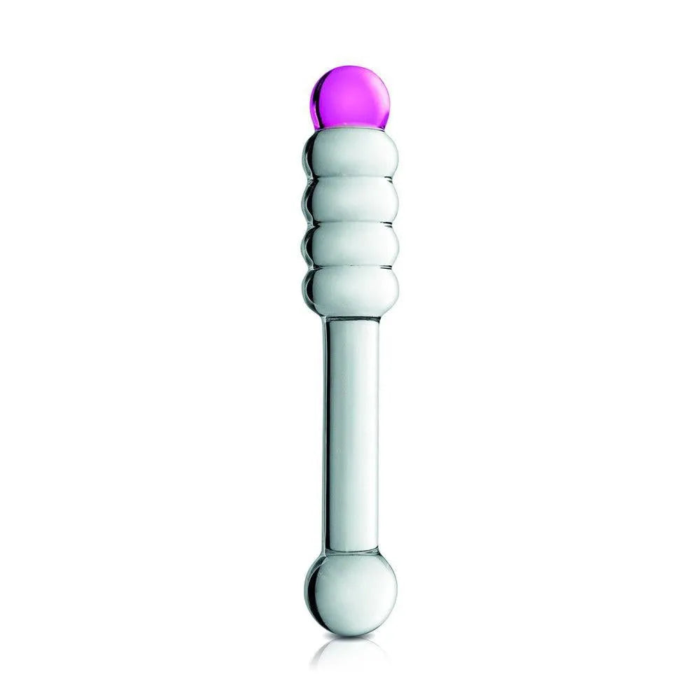 gode verre bicolore transparent rose cinq boules stimulation ergonomique longueur205millimetres diametre20millimetres diametre33millimetres chauffable refrigerable compatibletouslubrifiants nettoyagefacile pochettevelours luxueux elegant