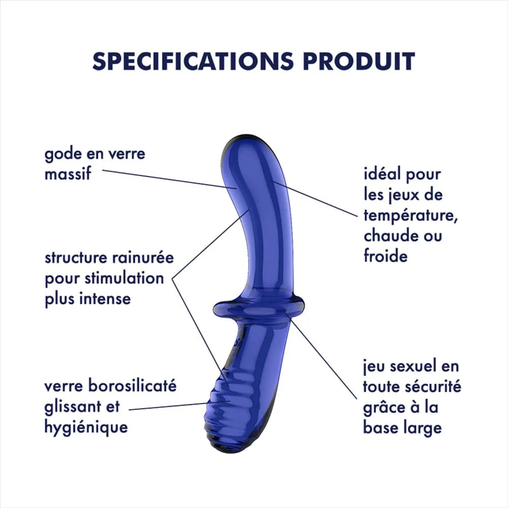 Gode en verre bleu borosilicaté, forme ergonomique, base large, surface lisse et rainurée pour stimulation polyvalente.