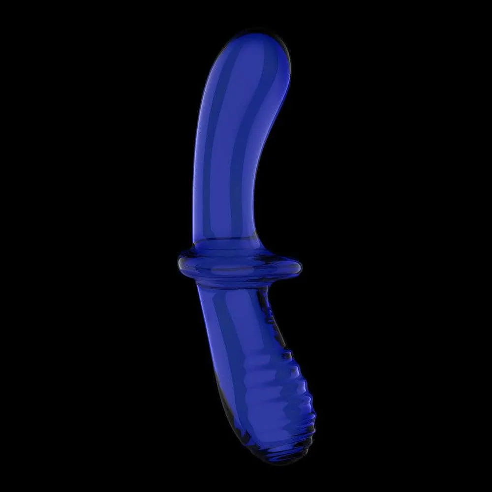 Gode en verre borosilicaté bleu, forme incurvée, base large, texture lisse et nervurée, polyvalent pour stimulation sensor...