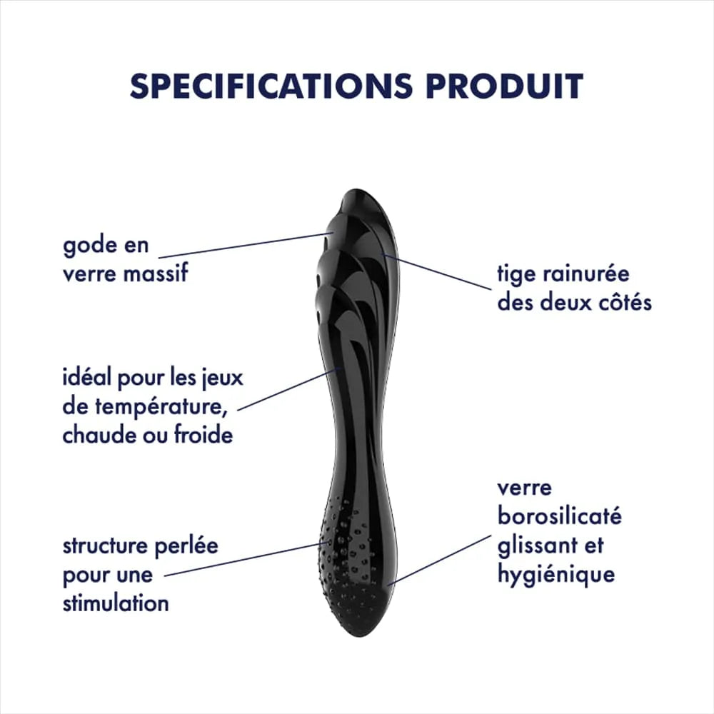 Gode en verre borosilicate noir, texturé, double stimulation G-Spot, surfaces rainurées et perlées, élégant et durable.