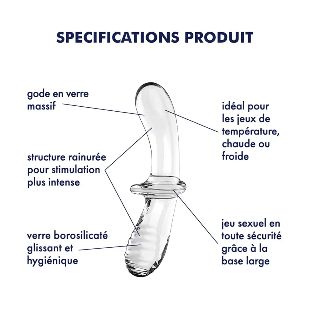 Gode en verre borosilicaté transparent, double face, base large, structure rainurée, stimulation vaginale et anale.