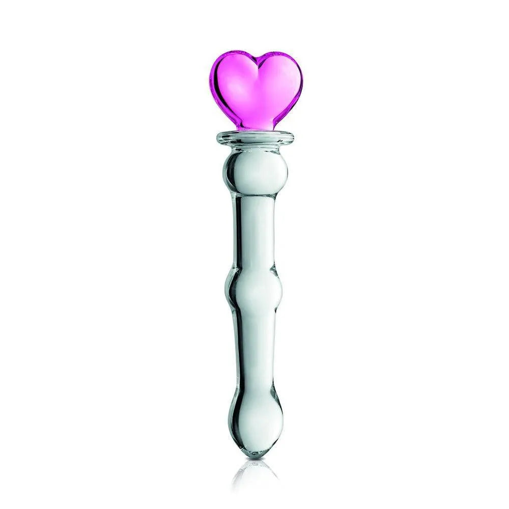 Gode verre transparent féminin élégant sophistiqué détails boules cœur rose longueur vingt centimètres diamètre graduel sensations chauffable rafraîchissable