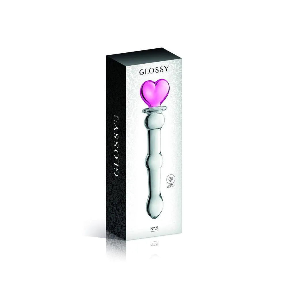Gode en verre transparent avec détails boules et cœur rose, longueur 20 cm, diamètre 2-3.1 cm, élégant et sophistiqué.