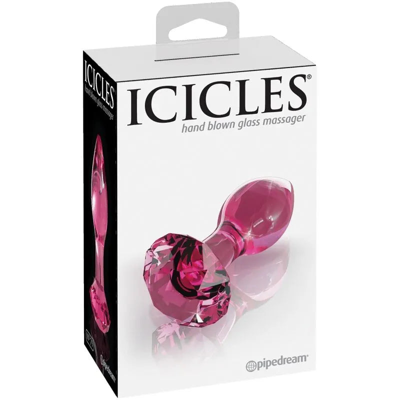 Gode en verre rose hypoallergénique, fait main, poli, ergonomique, sur fond blanc avec boîte de présentation.