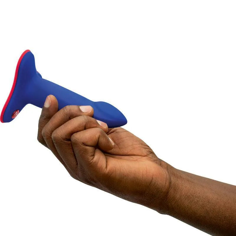 Gode bleu flexible ergonomique pour massage point G et prostate, tige fine, base rouge adhérente, hypoallergénique.