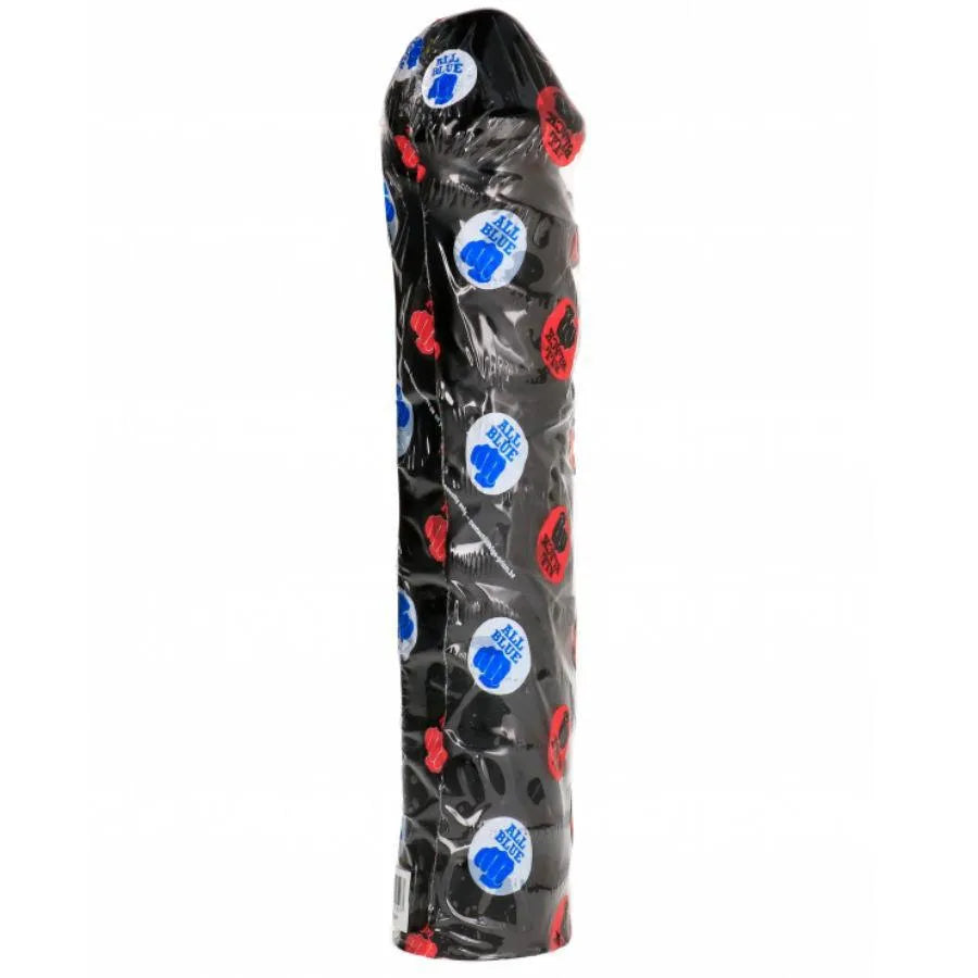 Gode géant noir réaliste veiné, 31cm x 7cm, TPR, compatible lubrifiants silicone, emballé pour stimulation extrême.