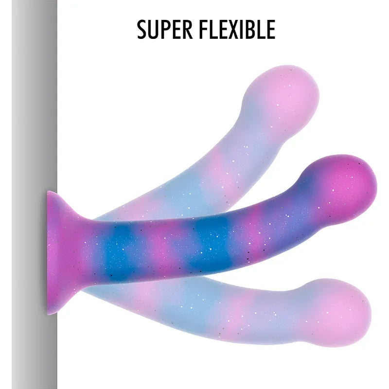 Gode galactique courbé irisé, silicone premium, base ventouse, stimulation point G, couleurs rose et bleu, flexible.