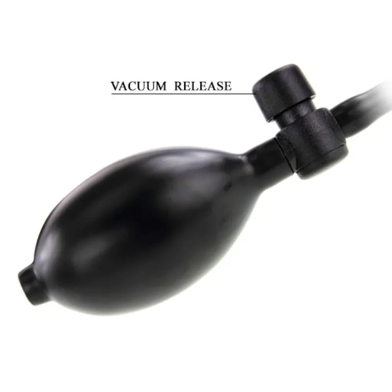 Gode gonflable noir en latex avec pompe manuelle, taille ajustable, ergonomique pour plaisir intense et durable.