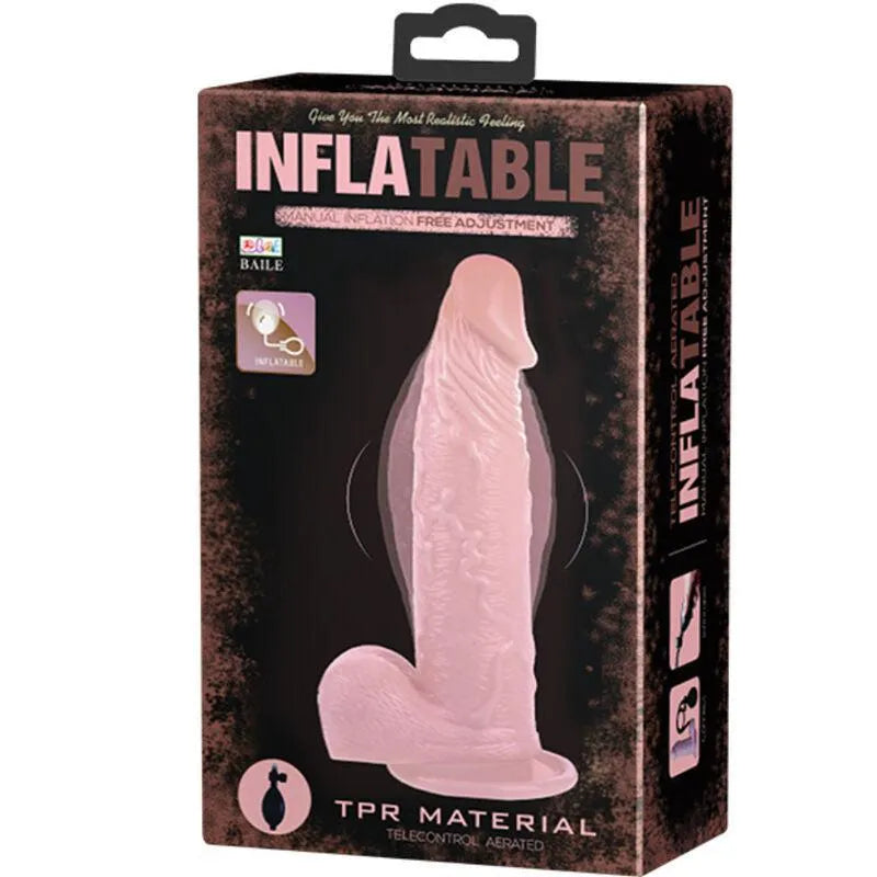 Gode gonflable réaliste en TPR rose avec texture veineuse, ventouse puissante et pompe manuelle, dans emballage noir.