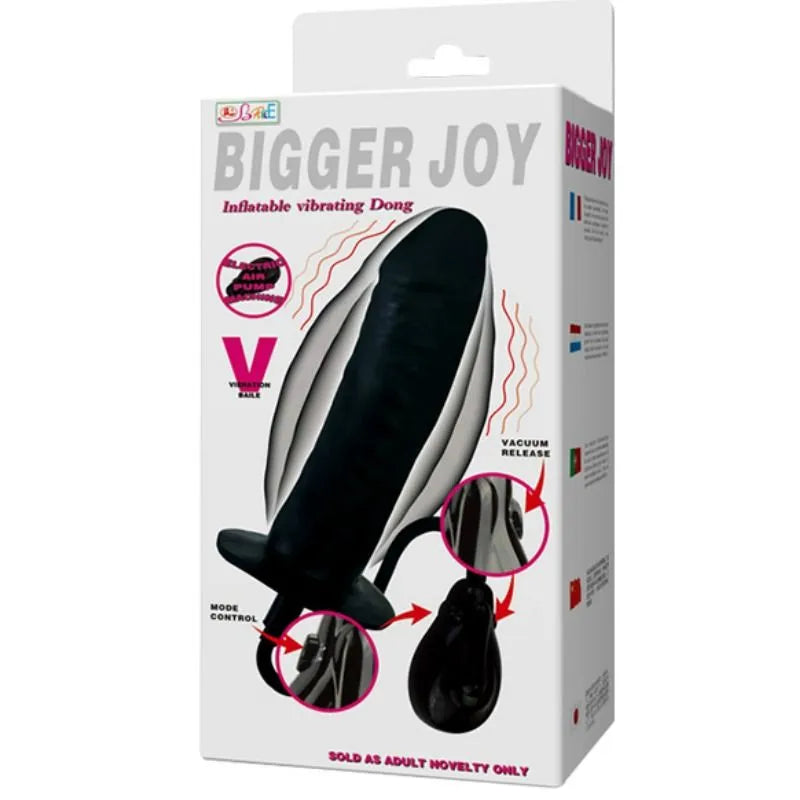 Gode gonflable noir en latex vibrant, multi-vitesses, ergonomique, sur fond blanc avec emballage illustré.