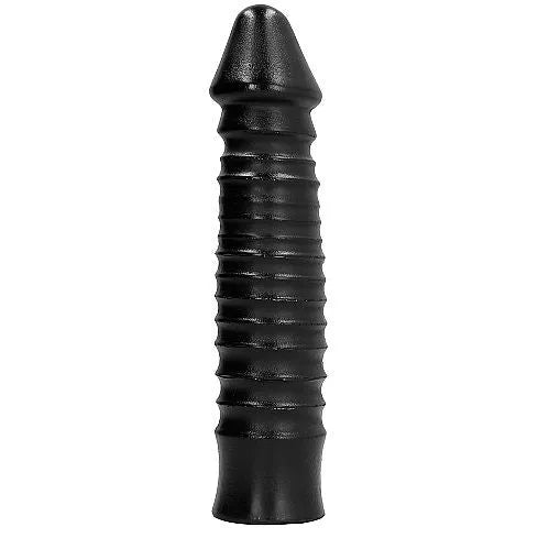 Gode noir en PVC texturé nervuré, 26cm, diamètre 5cm, robuste et souple, compatible lubrifiants, facile à nettoyer.