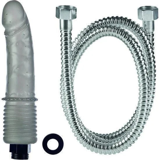 Gode nettoyant douche gélatine translucide, flexible, avec tuyau métallique et joint, pour massage hygiène intime.