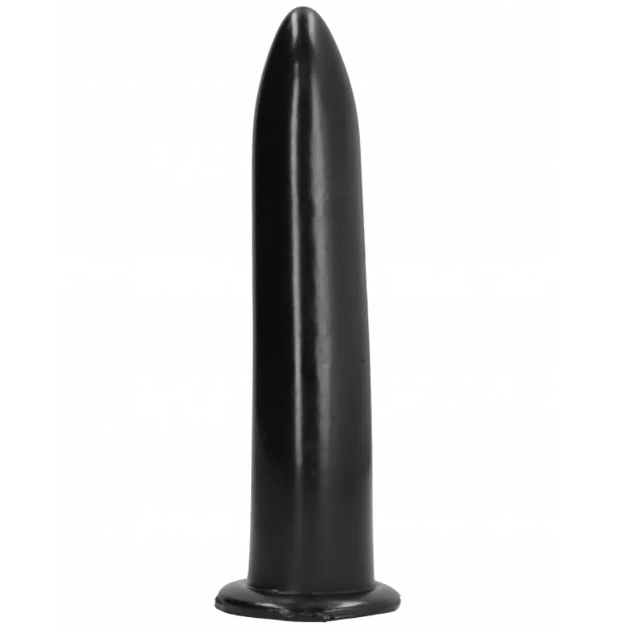 Gode noir lisse brillant, extrémité effilée, matériau souple hypoallergénique, compatible lubrifiants silicone.