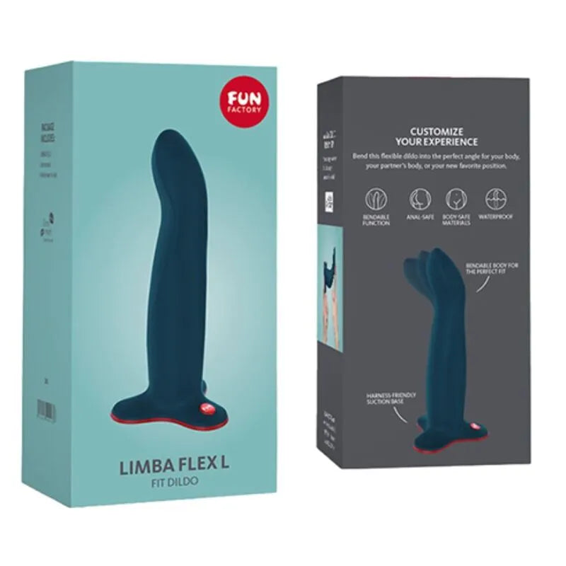 Gode pliable bleu foncé, articulé et ergonomique, sur fond de boîte illustrée, idéal pour stimulation personnalisée.