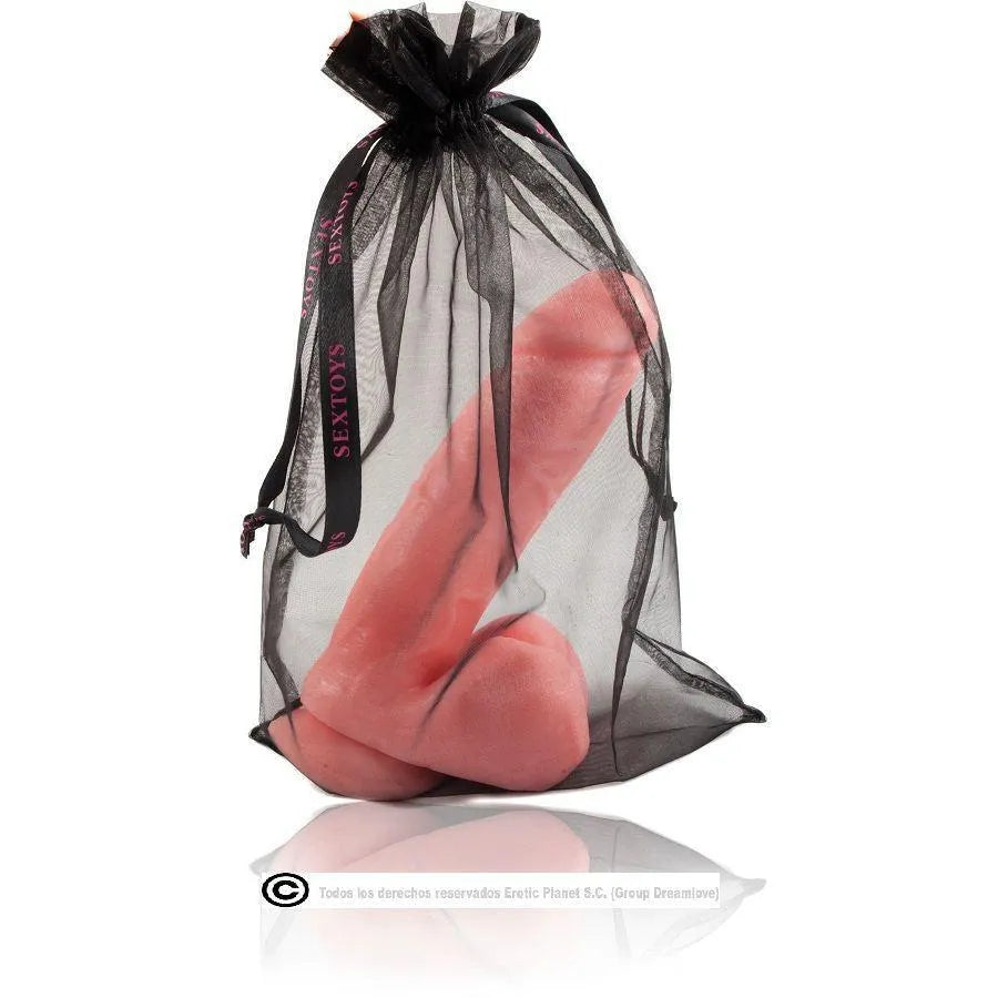 Gode réaliste 19cm rose en TPR hypoallergénique, texture souple, sans phtalates, dans un sac en maille noire.