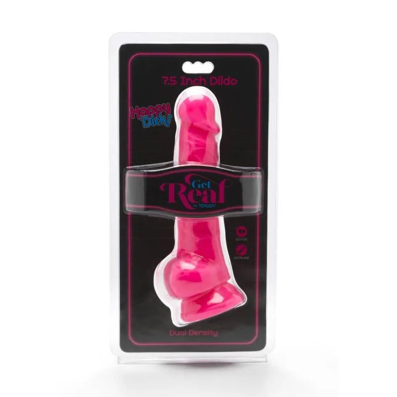 Gode réaliste 19 cm rose avec ventouse, texture détaillée, en PVC souple, emballage noir et rose, mains libres.