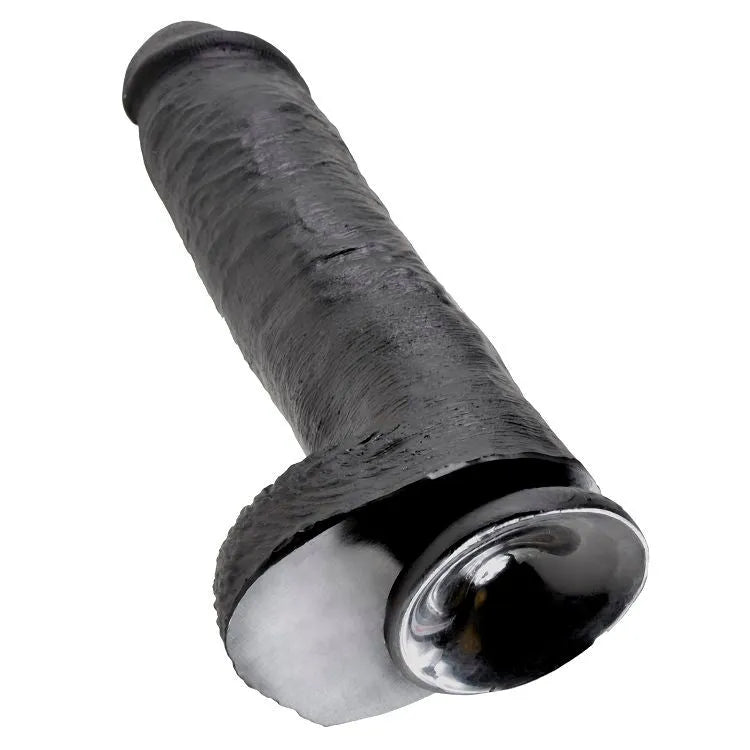 Gode réaliste noir avec testicules, ventouse puissante, texture détaillée, sans latex ni phtalates, 28cm, fabrication USA.