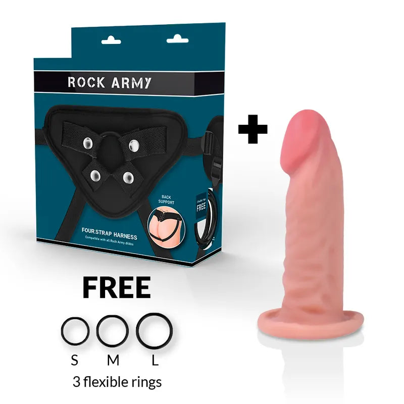 Gode réaliste double densité rose avec ventouse et harnais noir Rock Army, texture TPE hypoallergénique, imperméable.