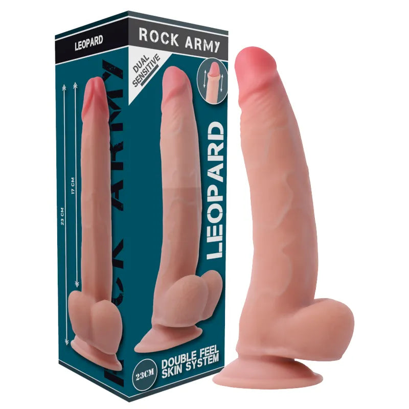 Gode réaliste double densité léopard avec ventouse, couleur chair, 23 cm, sur fond de boîte Rock Army.