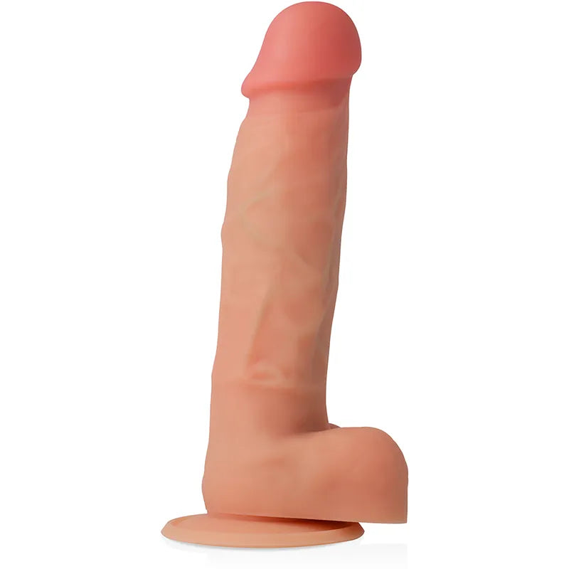 Gode réaliste en cybersilicium avec ventouse, couleur chair, veiné, base solide, stimulation authentique.