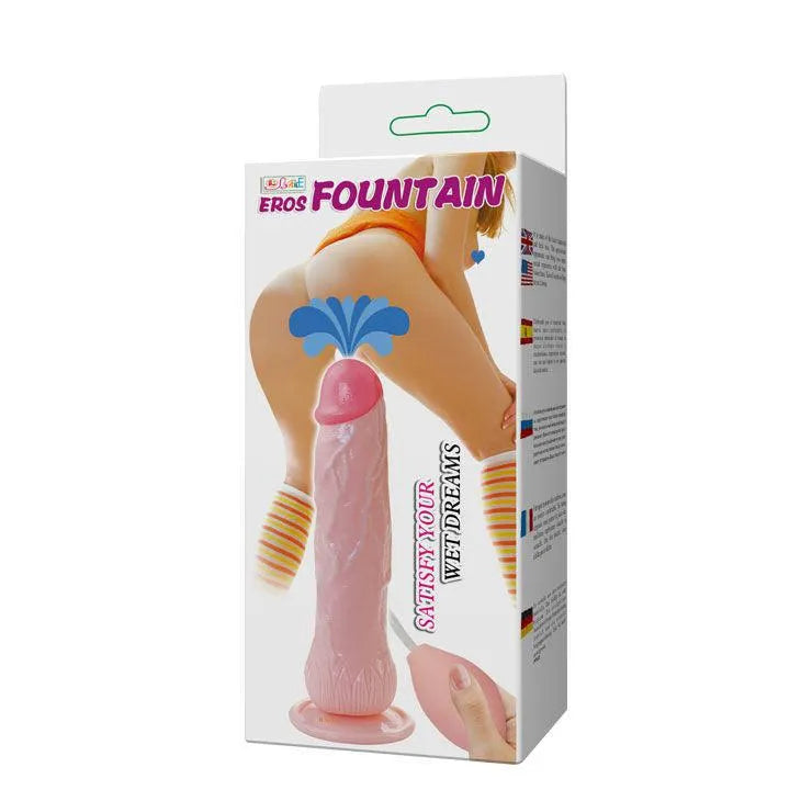 Gode réaliste rose avec ventouse, texture douce, fonction éjaculation simulée, emballage illustré, fixation mains libres.