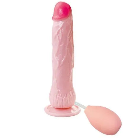 Gode réaliste rose avec ventouse, texture douce, fonction éjaculation simulée, thermoplastique sans phtalates.