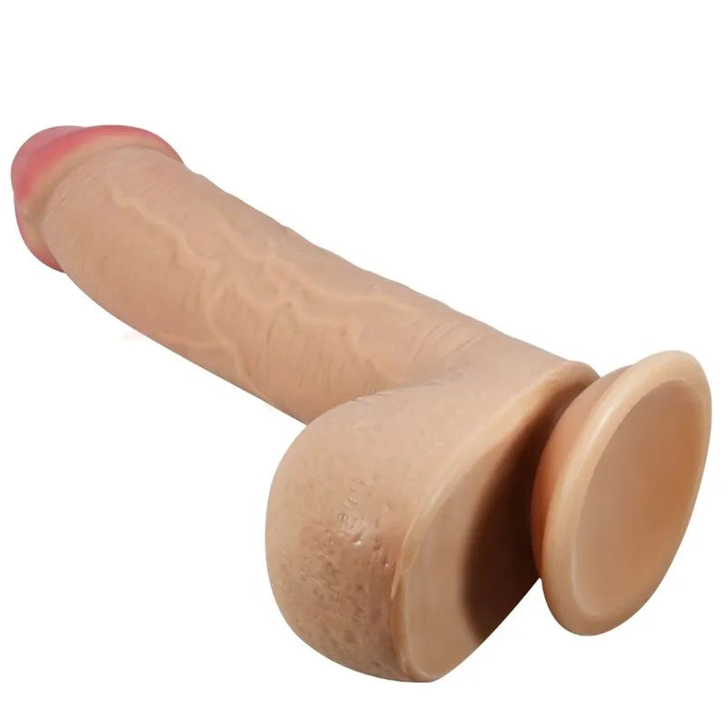 Gode réaliste peau coulissante ventouse puissante tête bulbeuse tige veinée boules texturées base ferme matériau thermoplastique étanche stimulation intense
