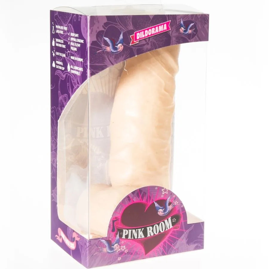 Gode réaliste beige 17cm avec ventouse, en PVC hypoallergénique, emballage rose et violet, sans phtalates ni latex.