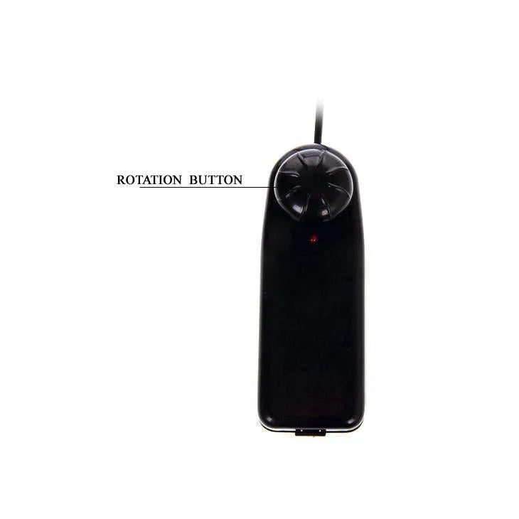 Télécommande noire filaire avec bouton de rotation pour gode réaliste TPR, design ergonomique et fonctionnel.