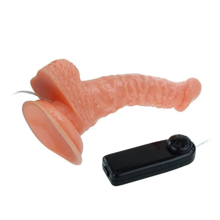 Gode réaliste rose marbré avec ventouse, tête bulbeuse, télécommande filaire noire, stimulation point G.