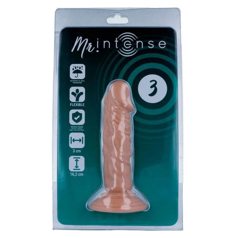 Gode réaliste souple beige avec ventouse, texture douce, 16 cm de long, 3 cm de diamètre, emballage transparent.