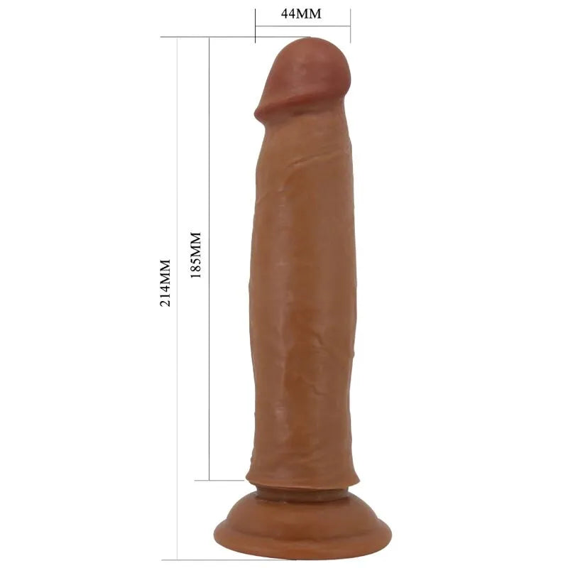 Gode réaliste en TPR marron avec ventouse, texture douce et flexible, dimensions 214mm x 44mm, pour stimulation intense.