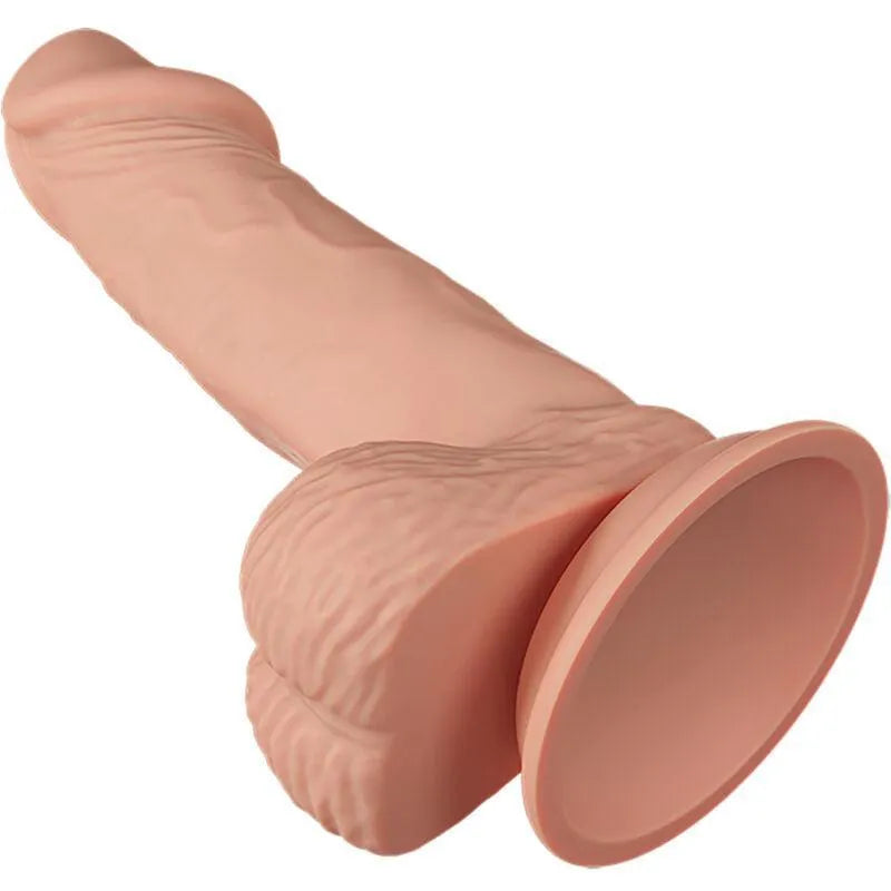 Gode réaliste TPR beige avec ventouse, texture veineuse, testicules détaillés, base puissante pour usage mains libres.