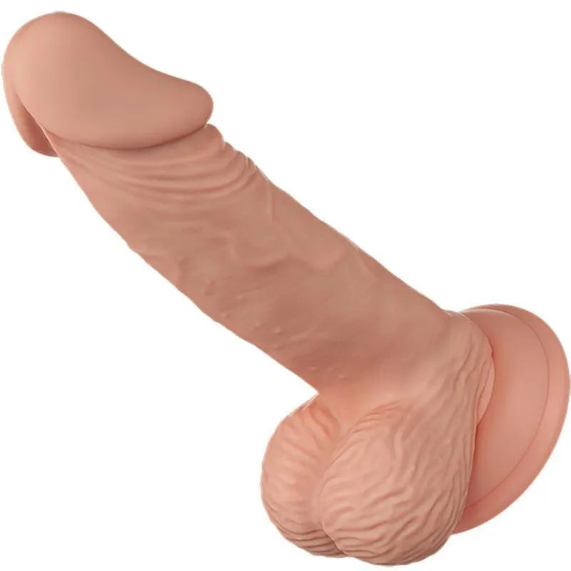 Gode réaliste TPR beige avec ventouse, texture veineuse, testicules détaillés, base puissante, étanche et mains libres.