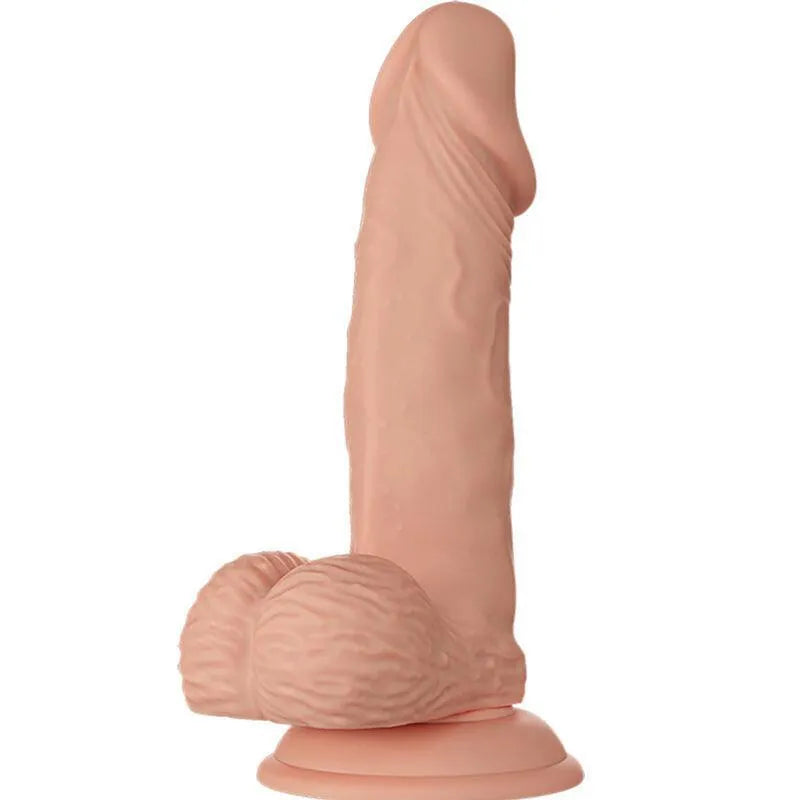 Gode réaliste TPR beige, texture veiné, ventouse puissante, design anatomique avec testicules, étanche et mains libres.