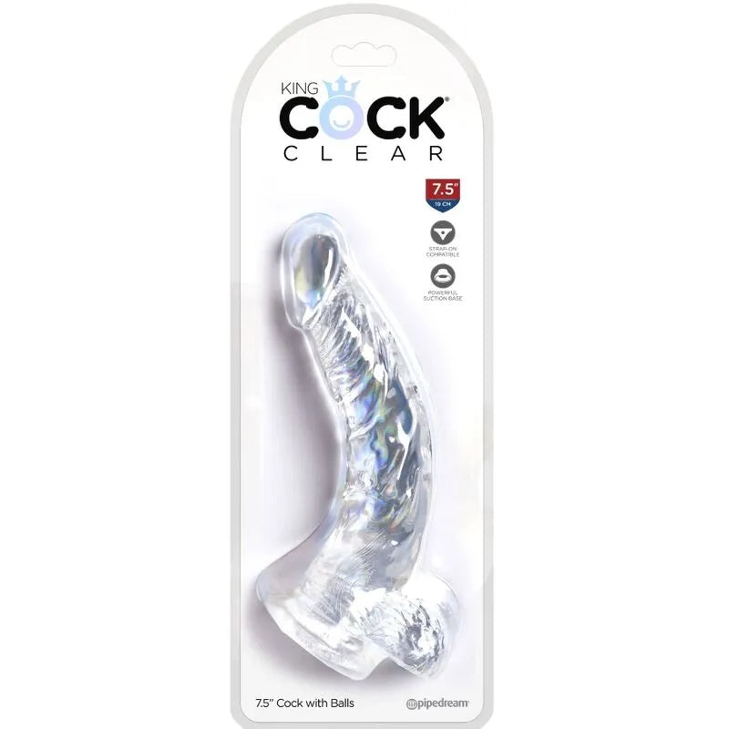 Gode réaliste translucide avec veines et tête sculptée, ventouse puissante, TPE hypoallergénique, emballage King Cock Clear.